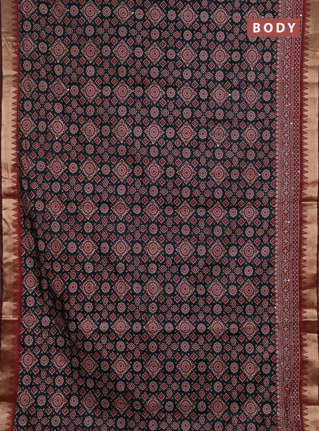 Semi tussar saree dark grey and maroon with allover kantha stitch work and zari woven border
