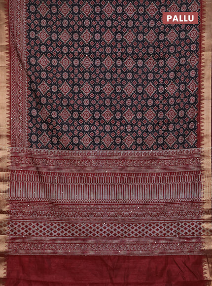 Semi tussar saree dark grey and maroon with allover kantha stitch work and zari woven border