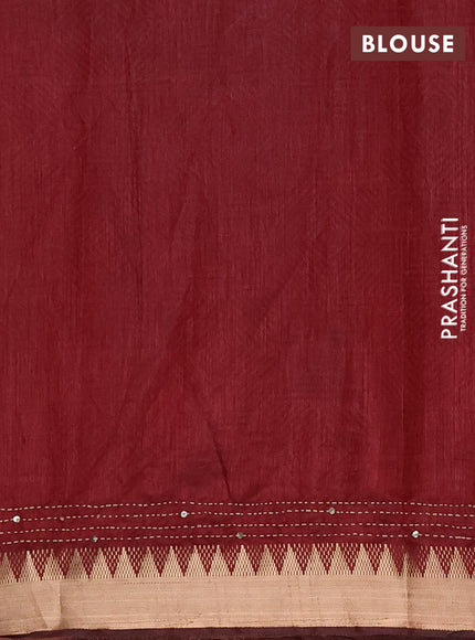 Semi tussar saree dark grey and maroon with allover kantha stitch work and zari woven border