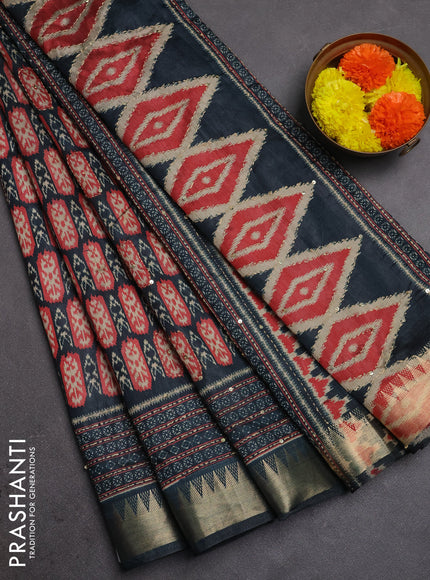 Semi tussar saree dark grey and peach pink with allover kantha stitch work and zari woven border