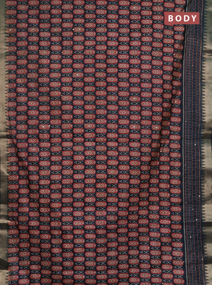 Semi tussar saree dark grey and peach pink with allover kantha stitch work and zari woven border
