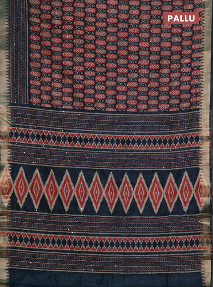 Semi tussar saree dark grey and peach pink with allover kantha stitch work and zari woven border