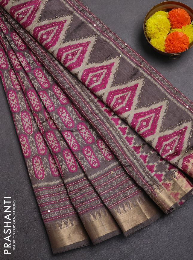 Semi tussar saree grey and magenta pink with allover kantha stitch work and zari woven border