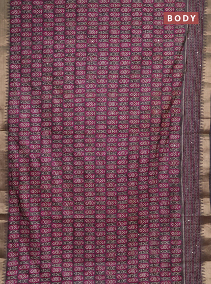 Semi tussar saree grey and magenta pink with allover kantha stitch work and zari woven border