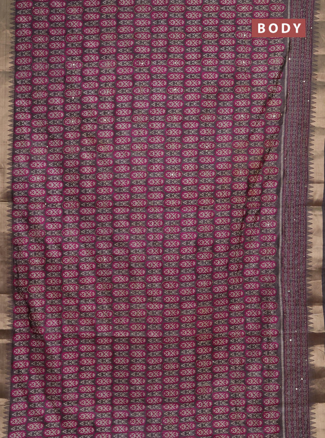 Semi tussar saree grey and magenta pink with allover kantha stitch work and zari woven border