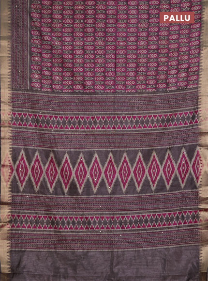 Semi tussar saree grey and magenta pink with allover kantha stitch work and zari woven border