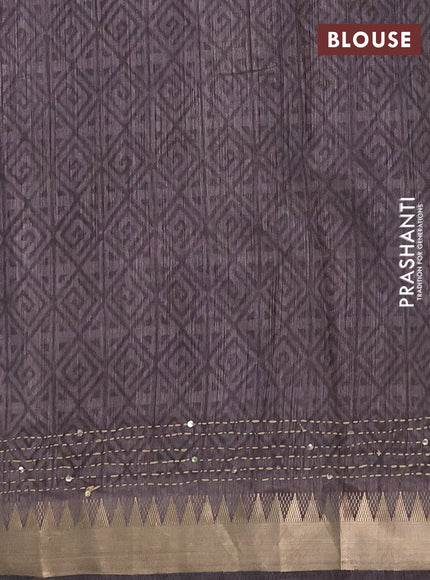 Semi tussar saree grey and magenta pink with allover kantha stitch work and zari woven border