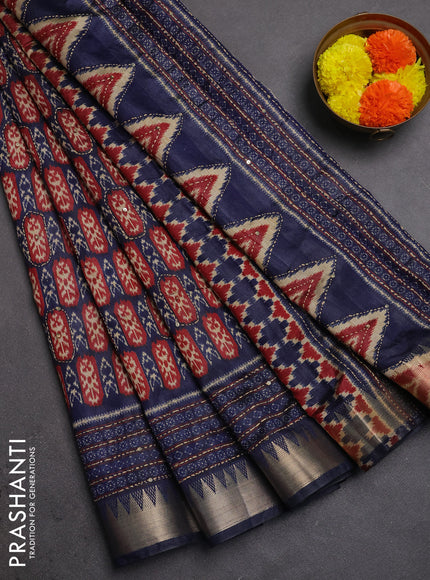 Semi tussar saree navy blue and maroon with allover kantha stitch work and zari woven border