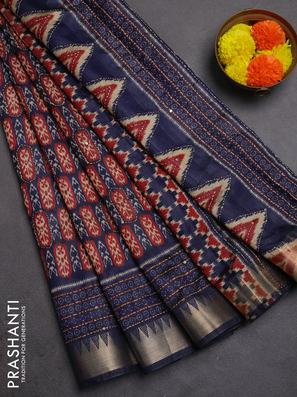Semi tussar saree navy blue and maroon with allover kantha stitch work and zari woven border