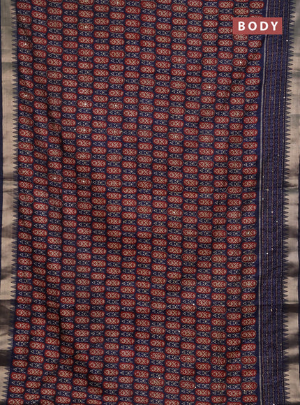 Semi tussar saree navy blue and maroon with allover kantha stitch work and zari woven border