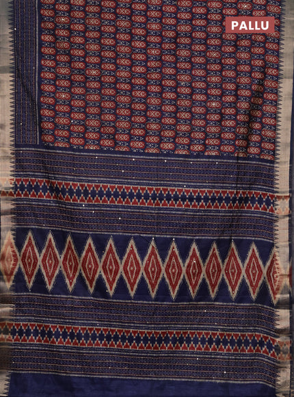 Semi tussar saree navy blue and maroon with allover kantha stitch work and zari woven border