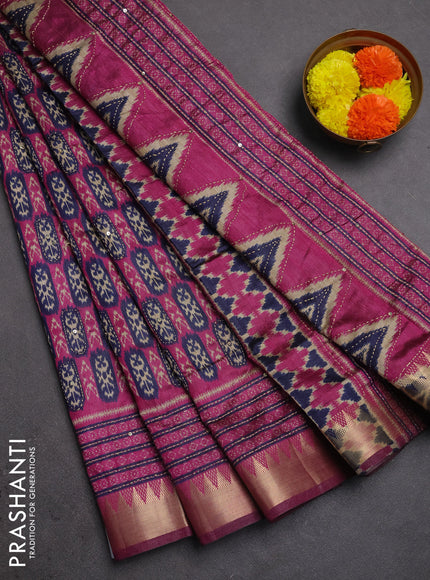 Semi tussar saree magenta pink and navy blue with allover kantha stitch work and zari woven border