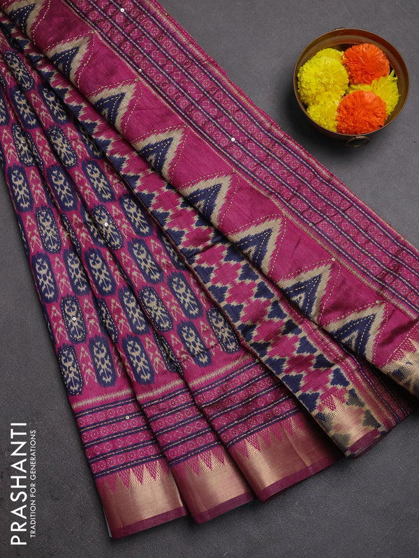 Semi tussar saree magenta pink and navy blue with allover kantha stitch work and zari woven border