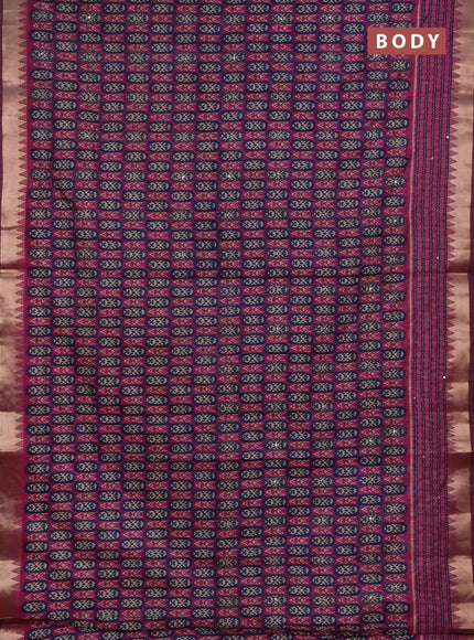 Semi tussar saree magenta pink and navy blue with allover kantha stitch work and zari woven border