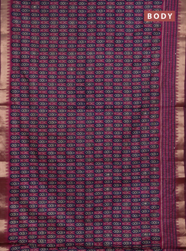 Semi tussar saree magenta pink and navy blue with allover kantha stitch work and zari woven border