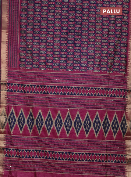 Semi tussar saree magenta pink and navy blue with allover kantha stitch work and zari woven border