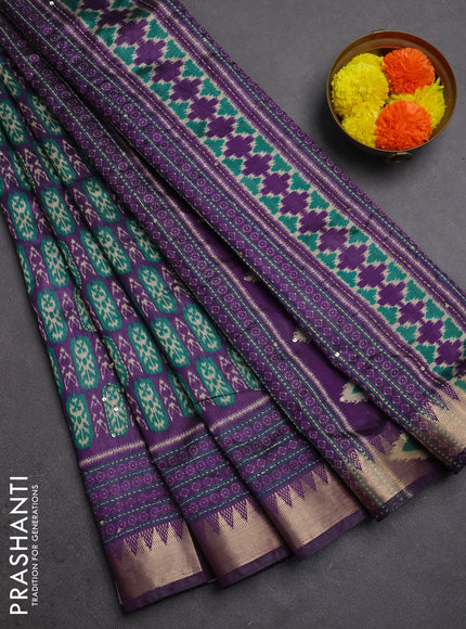 Semi tussar saree purple and teal green with allover kantha stitch work and zari woven border