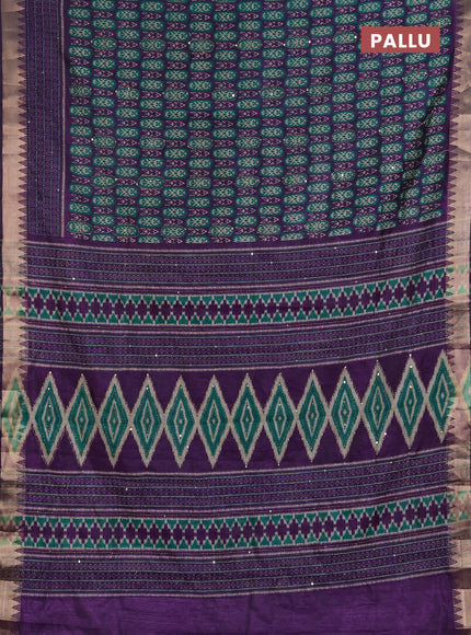 Semi tussar saree purple and teal green with allover kantha stitch work and zari woven border