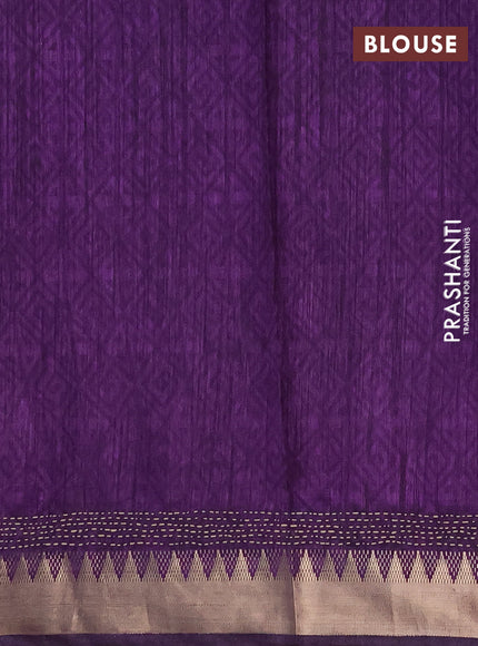 Semi tussar saree purple and teal green with allover kantha stitch work and zari woven border