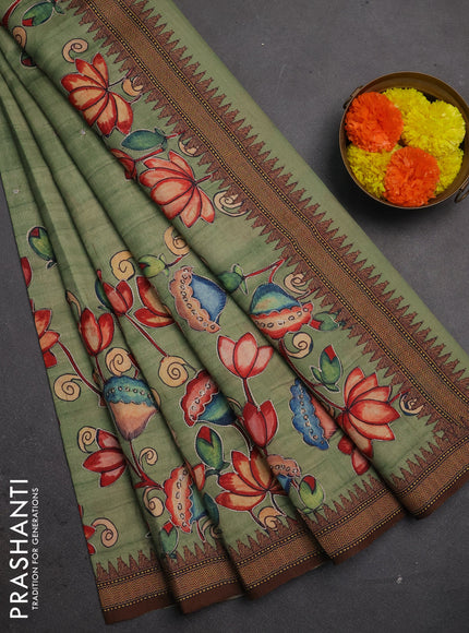 Semi raw silk saree elaichi green and coffee brown with mirror embroidery buttas and long kalamkari printed embroidery border