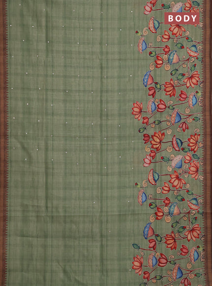 Semi raw silk saree elaichi green and coffee brown with mirror embroidery buttas and long kalamkari printed embroidery border
