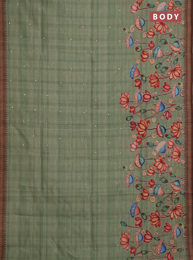 Semi raw silk saree elaichi green and coffee brown with mirror embroidery buttas and long kalamkari printed embroidery border