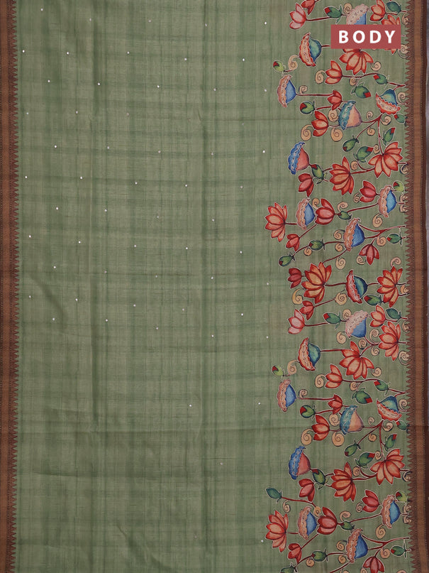 Semi raw silk saree elaichi green and coffee brown with mirror embroidery buttas and long kalamkari printed embroidery border