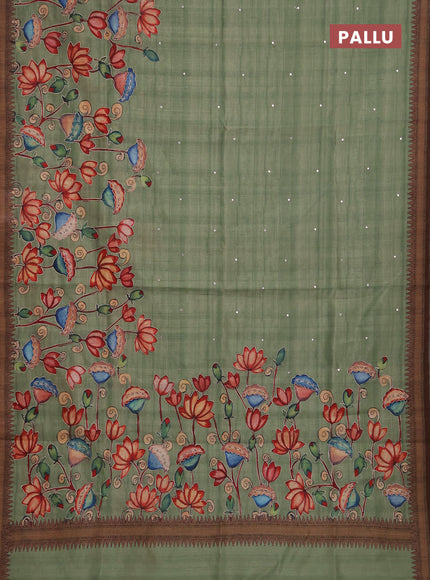 Semi raw silk saree elaichi green and coffee brown with mirror embroidery buttas and long kalamkari printed embroidery border