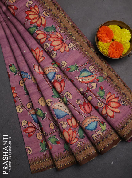 Semi raw silk saree onion pink and coffee brown with mirror embroidery buttas and long kalamkari printed embroidery border