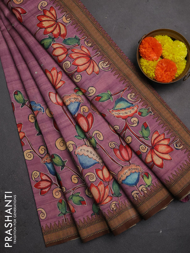 Semi raw silk saree onion pink and coffee brown with mirror embroidery buttas and long kalamkari printed embroidery border