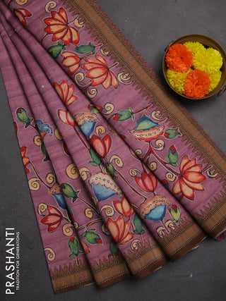 Semi raw silk saree onion pink and coffee brown with mirror embroidery buttas and long kalamkari printed embroidery border