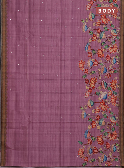 Semi raw silk saree onion pink and coffee brown with mirror embroidery buttas and long kalamkari printed embroidery border