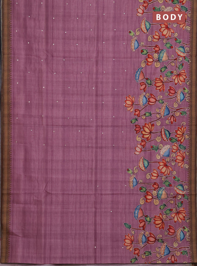 Semi raw silk saree onion pink and coffee brown with mirror embroidery buttas and long kalamkari printed embroidery border