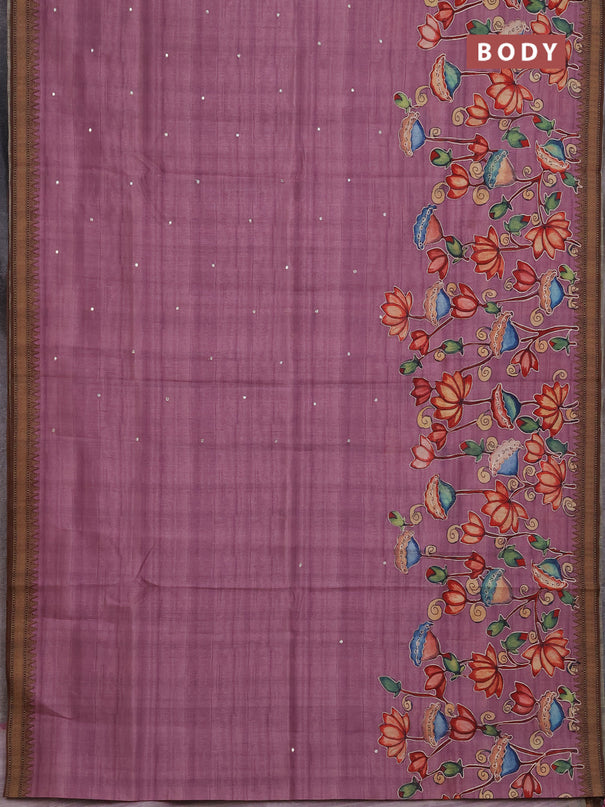 Semi raw silk saree onion pink and coffee brown with mirror embroidery buttas and long kalamkari printed embroidery border