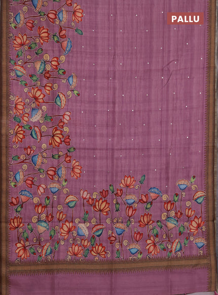 Semi raw silk saree onion pink and coffee brown with mirror embroidery buttas and long kalamkari printed embroidery border