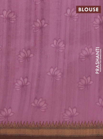Semi raw silk saree onion pink and coffee brown with mirror embroidery buttas and long kalamkari printed embroidery border