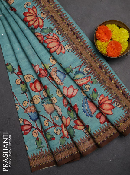 Semi raw silk saree teal blue and coffee brown with mirror embroidery buttas and long kalamkari printed embroidery border