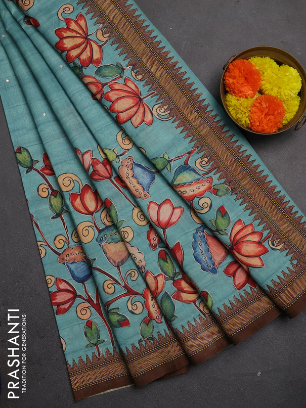 Semi raw silk saree teal blue and coffee brown with mirror embroidery buttas and long kalamkari printed embroidery border
