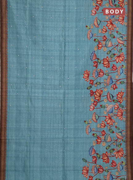 Semi raw silk saree teal blue and coffee brown with mirror embroidery buttas and long kalamkari printed embroidery border