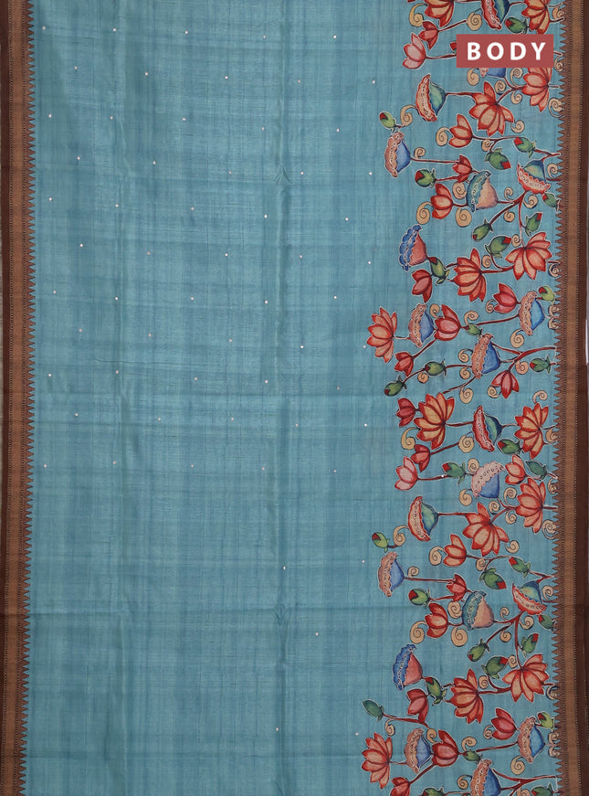 Semi raw silk saree teal blue and coffee brown with mirror embroidery buttas and long kalamkari printed embroidery border