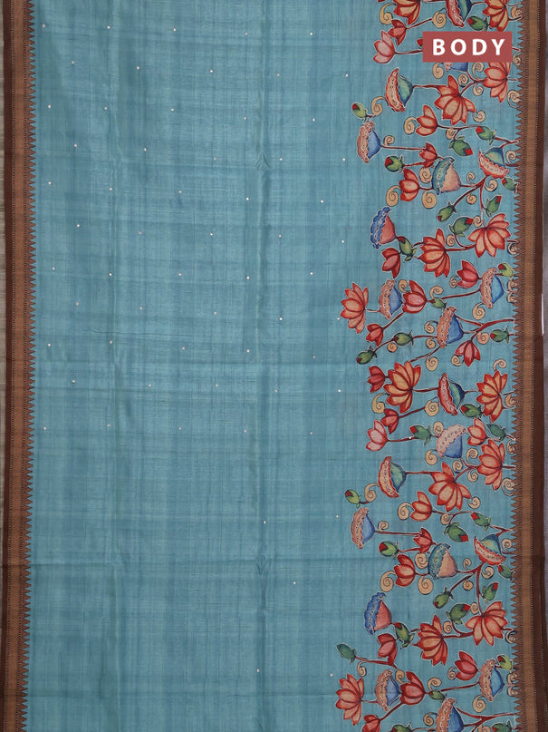 Semi raw silk saree teal blue and coffee brown with mirror embroidery buttas and long kalamkari printed embroidery border