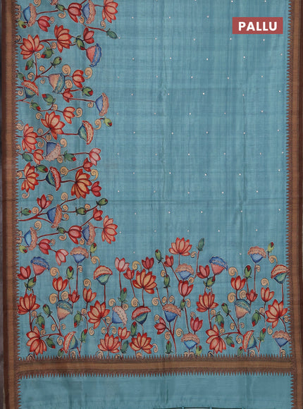 Semi raw silk saree teal blue and coffee brown with mirror embroidery buttas and long kalamkari printed embroidery border
