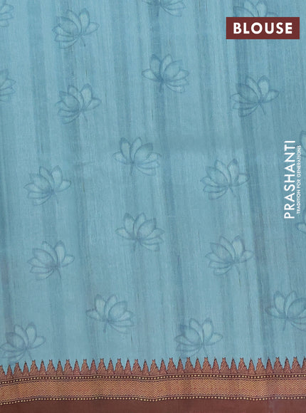 Semi raw silk saree teal blue and coffee brown with mirror embroidery buttas and long kalamkari printed embroidery border