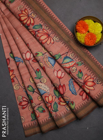 Semi raw silk saree peach shade and coffee brown with mirror embroidery buttas and long kalamkari printed embroidery border