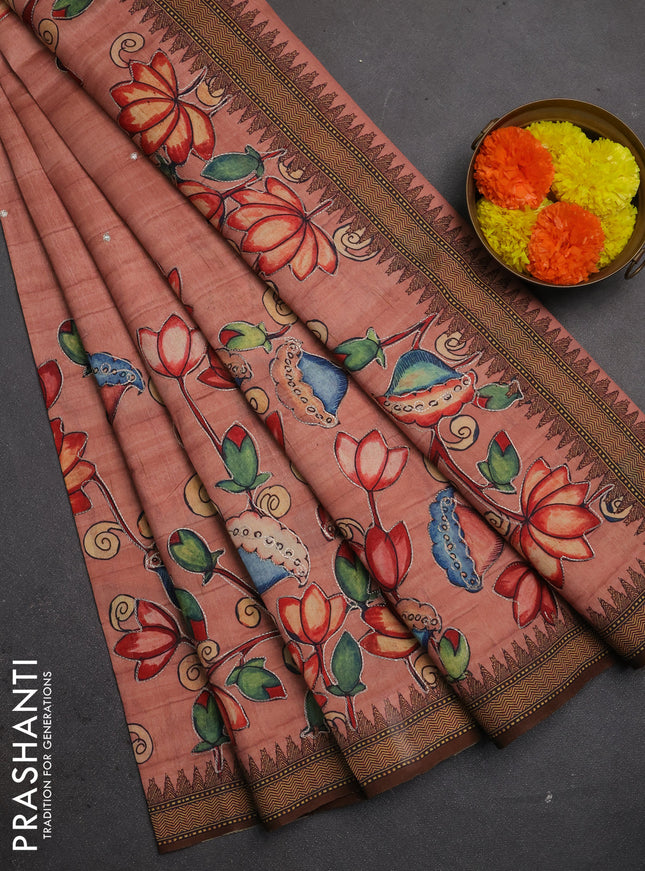 Semi raw silk saree peach shade and coffee brown with mirror embroidery buttas and long kalamkari printed embroidery border