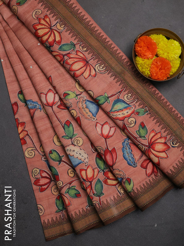 Semi raw silk saree peach shade and coffee brown with mirror embroidery buttas and long kalamkari printed embroidery border