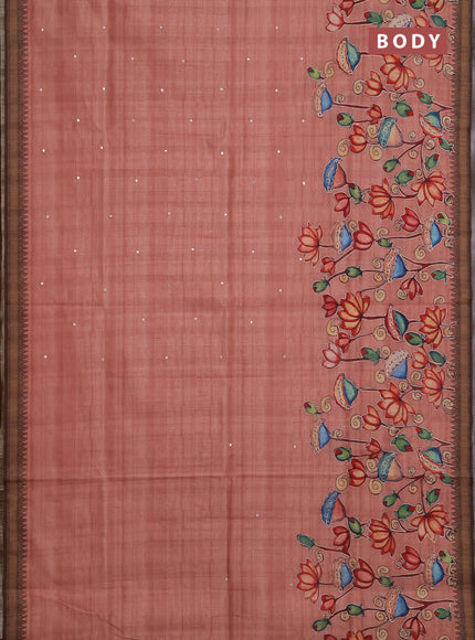 Semi raw silk saree peach shade and coffee brown with mirror embroidery buttas and long kalamkari printed embroidery border