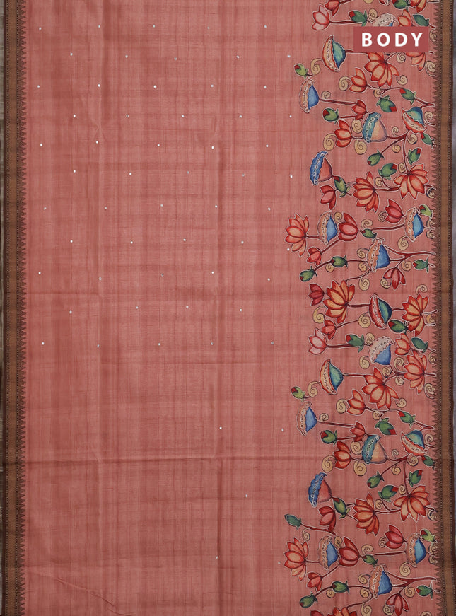 Semi raw silk saree peach shade and coffee brown with mirror embroidery buttas and long kalamkari printed embroidery border
