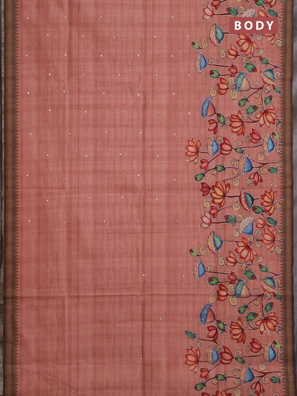 Semi raw silk saree peach shade and coffee brown with mirror embroidery buttas and long kalamkari printed embroidery border