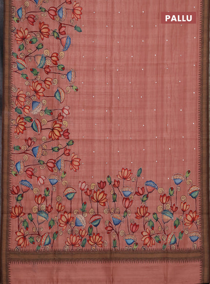 Semi raw silk saree peach shade and coffee brown with mirror embroidery buttas and long kalamkari printed embroidery border